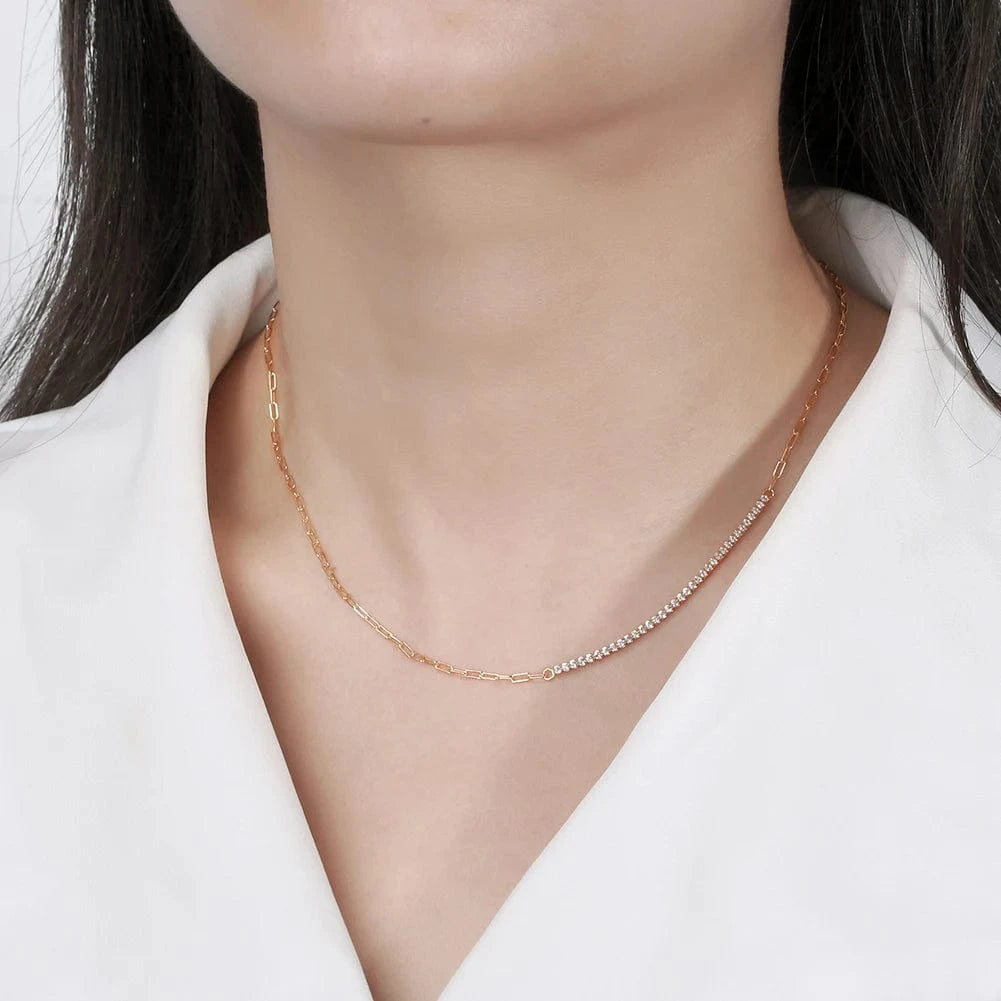 SC63 RINNTIN 925 Sterling Silver 14K Gold Plated Cubic Zirconia Tennis Chain Paperclip Link Chain Choker Dainty Jewelry