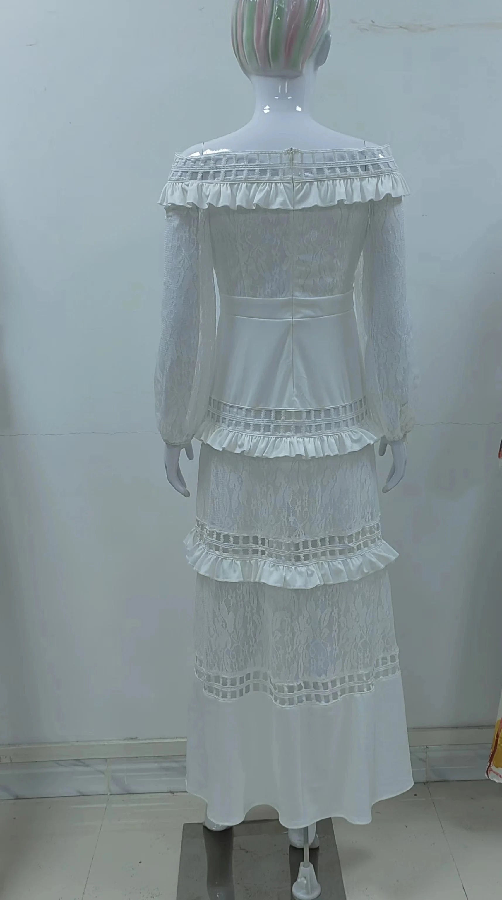 SC9017 Spring And Summer Women Off Shoulder Ruffle Lace Wedding Dress Banquet Party Dresses Women White Evening Dress