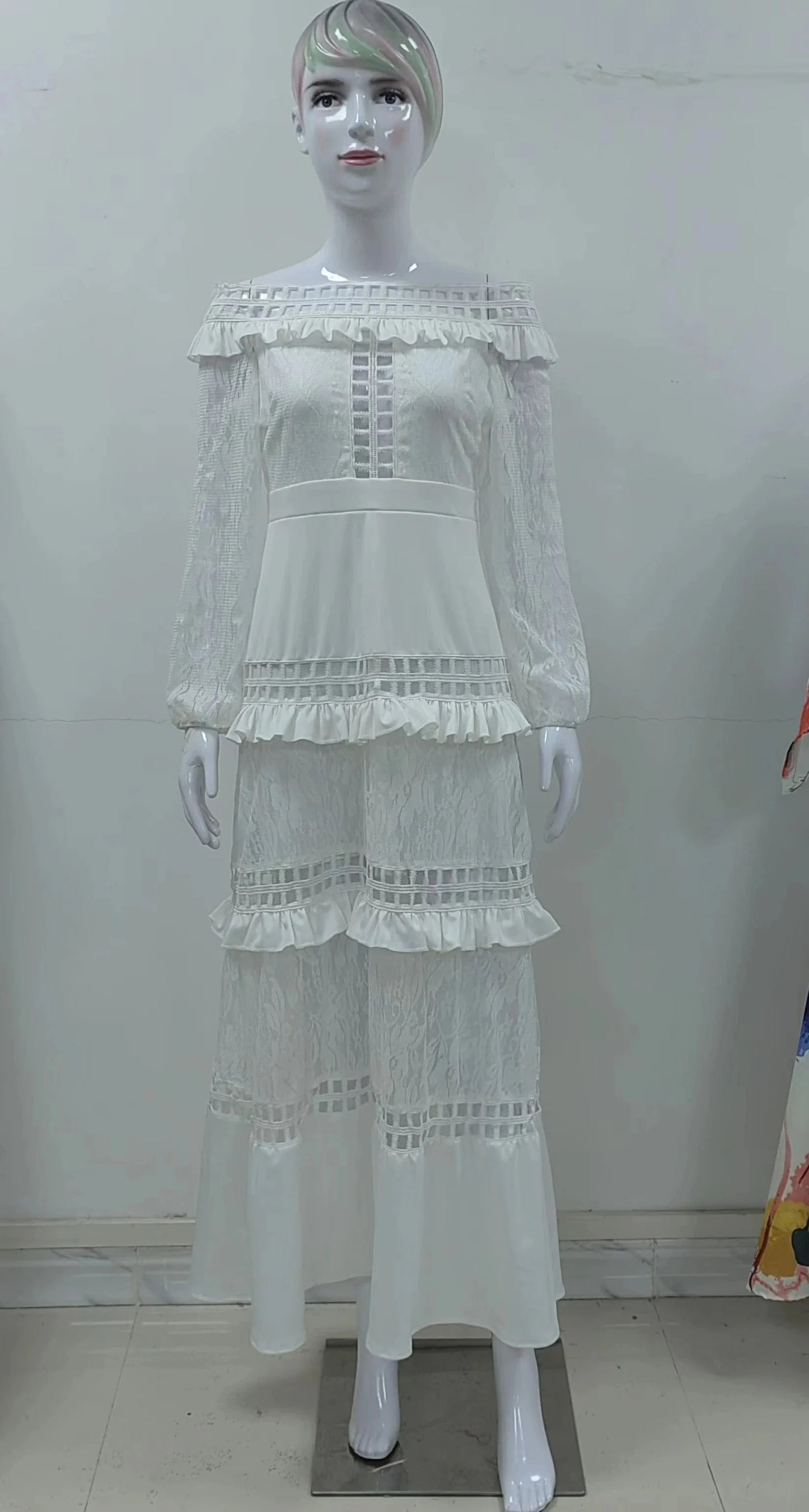 SC9017 Spring And Summer Women Off Shoulder Ruffle Lace Wedding Dress Banquet Party Dresses Women White Evening Dress