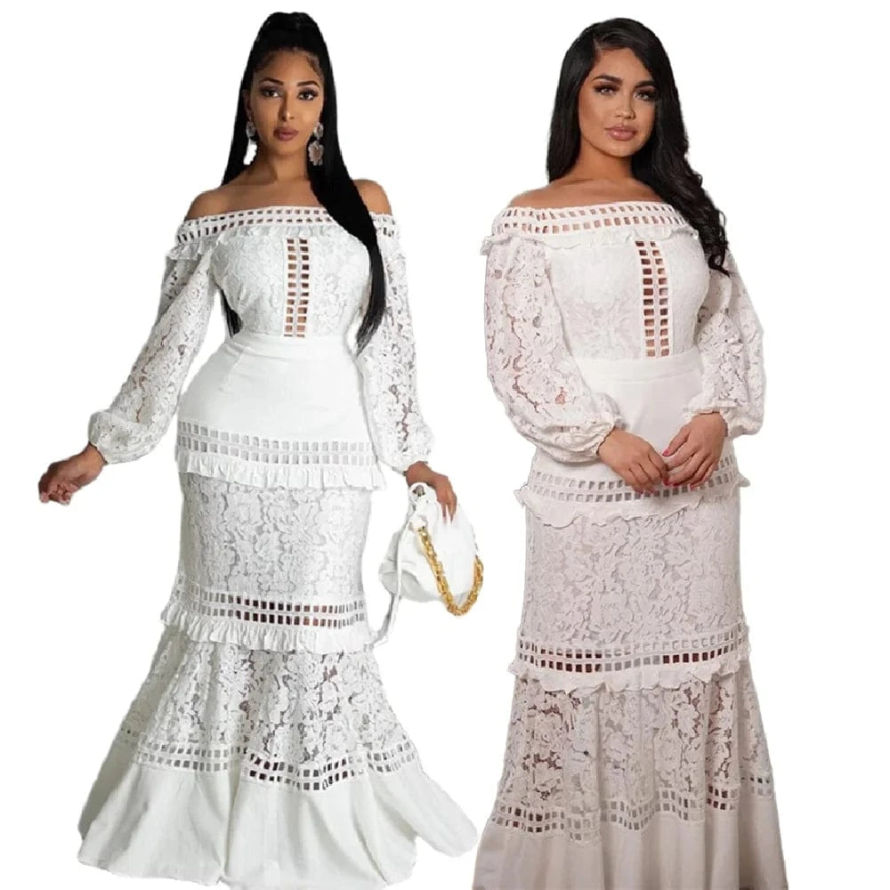 SC9017 Spring And Summer Women Off Shoulder Ruffle Lace Wedding Dress Banquet Party Dresses Women White Evening Dress