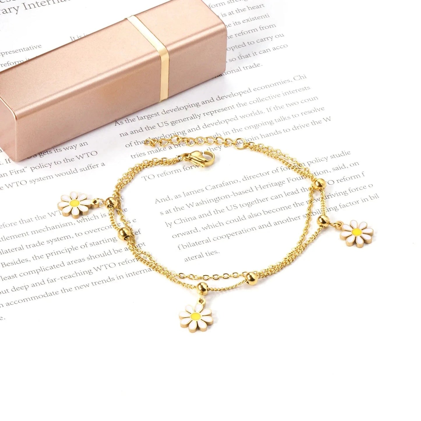 Schmuck Armbander Hawaiian Jewelry Stainless Steel Gold Layered Chain Daisy Flower Charm Bracelets Women