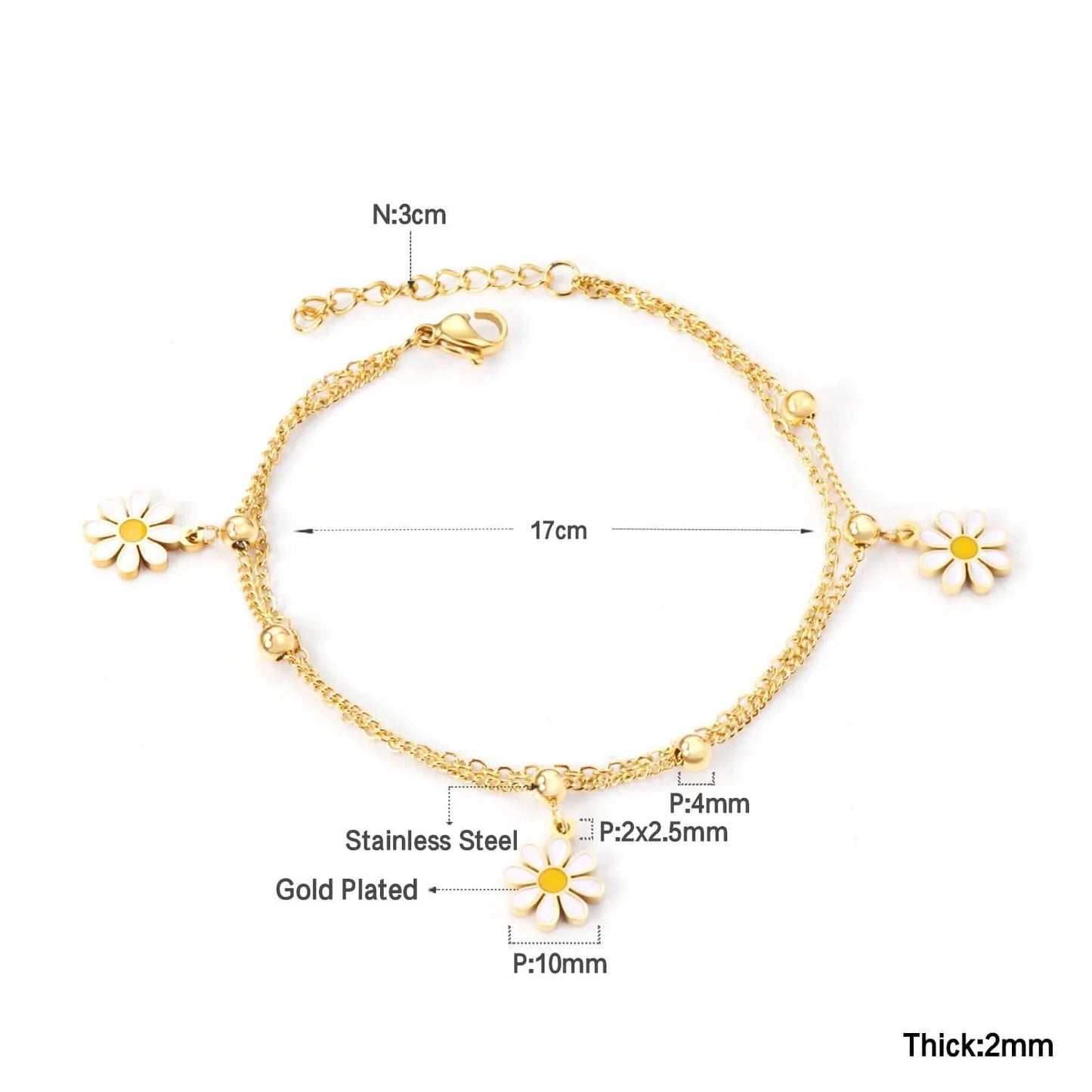 Schmuck Armbander Hawaiian Jewelry Stainless Steel Gold Layered Chain Daisy Flower Charm Bracelets Women