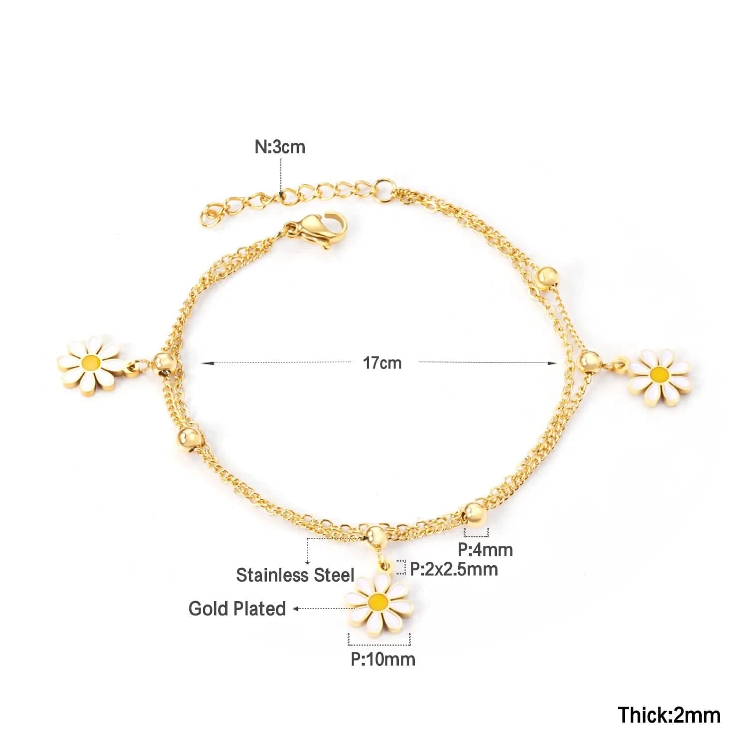 Schmuck Armbander Hawaiian Jewelry Stainless Steel Gold Layered Chain Daisy Flower Charm Bracelets Women