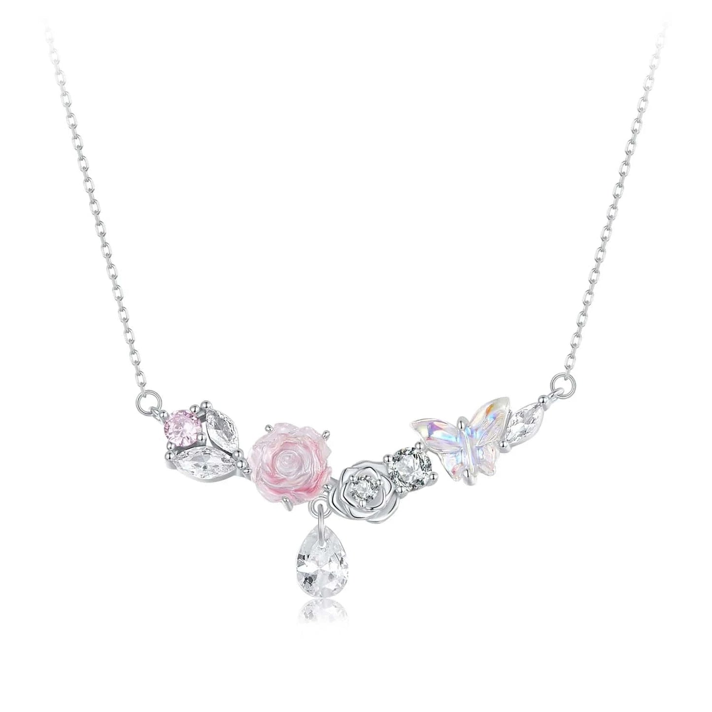 SCN521 925 Sterling Silver Fashion Jewelry Sets Fine Jewelry Making Wholesale Fantasy Pink Butterfly Flower Necklace Ring Earrings Set