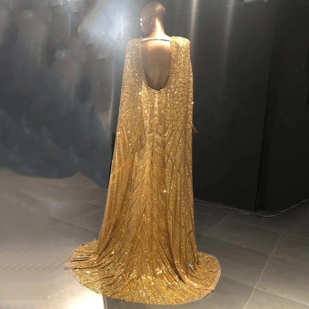 Scz050-2 Luxury Gold Dubai Evening Dresses With Cape Sparkly Beaded Elegant Long Formal Party Dress For Women Wedding