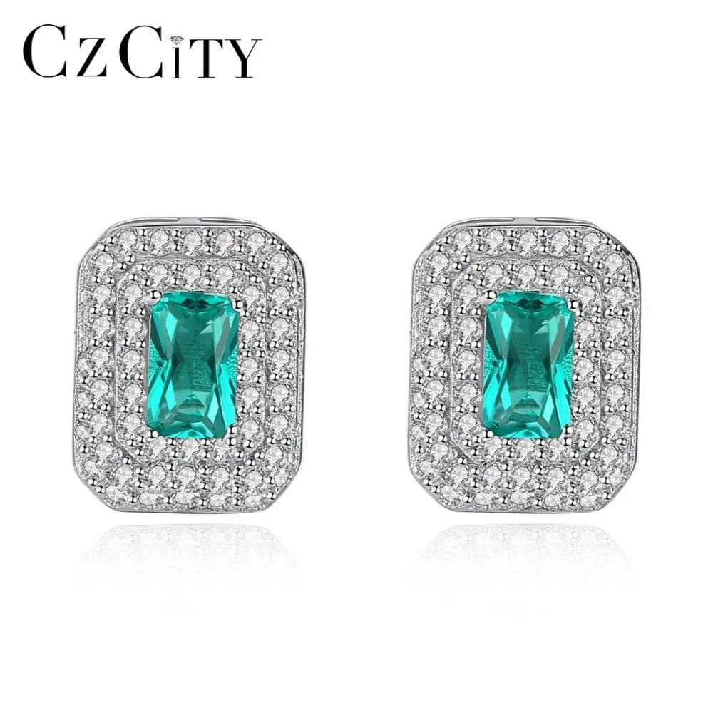 SE0123 CZCITY 925 Sterling Silver Earrings Bride Simple Square Green Gemstone Earrings Ladies Wedding Earrings