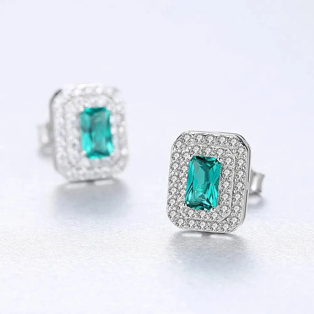 SE0123 CZCITY 925 Sterling Silver Earrings Bride Simple Square Green Gemstone Earrings Ladies Wedding Earrings