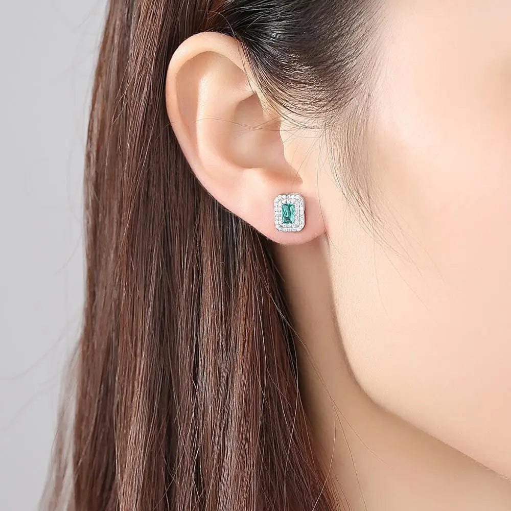 SE0123 CZCITY 925 Sterling Silver Earrings Bride Simple Square Green Gemstone Earrings Ladies Wedding Earrings