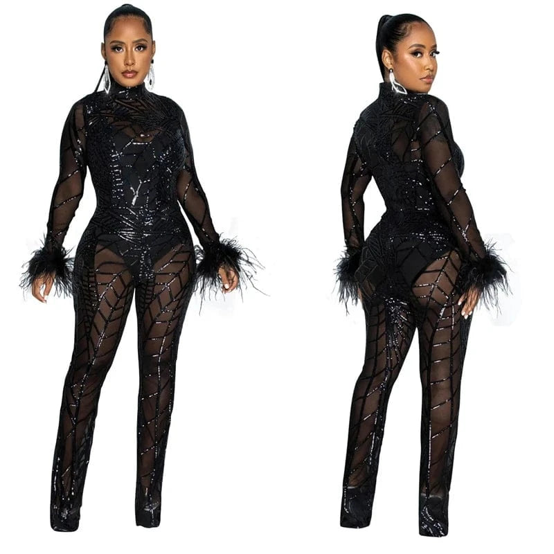 see through mesh rhinestone elegant fashion long bodysuits jumpsuit romper women 2024 new arrivals club outfit with feathers