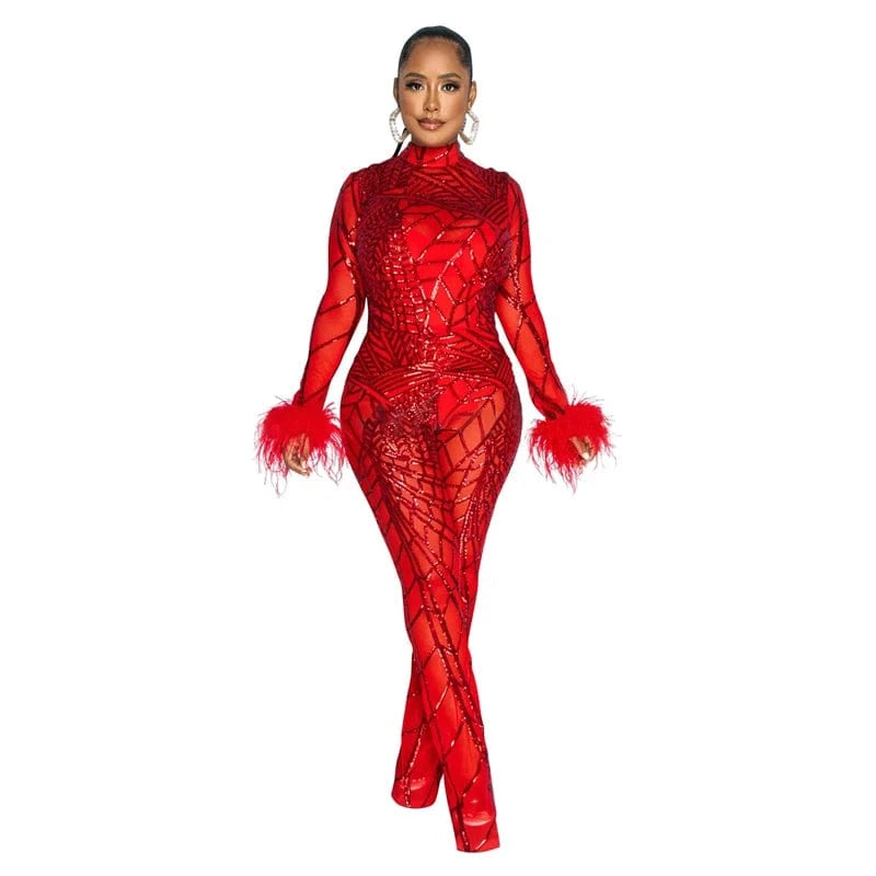 see through mesh rhinestone elegant fashion long bodysuits jumpsuit romper women 2024 new arrivals club outfit with feathers