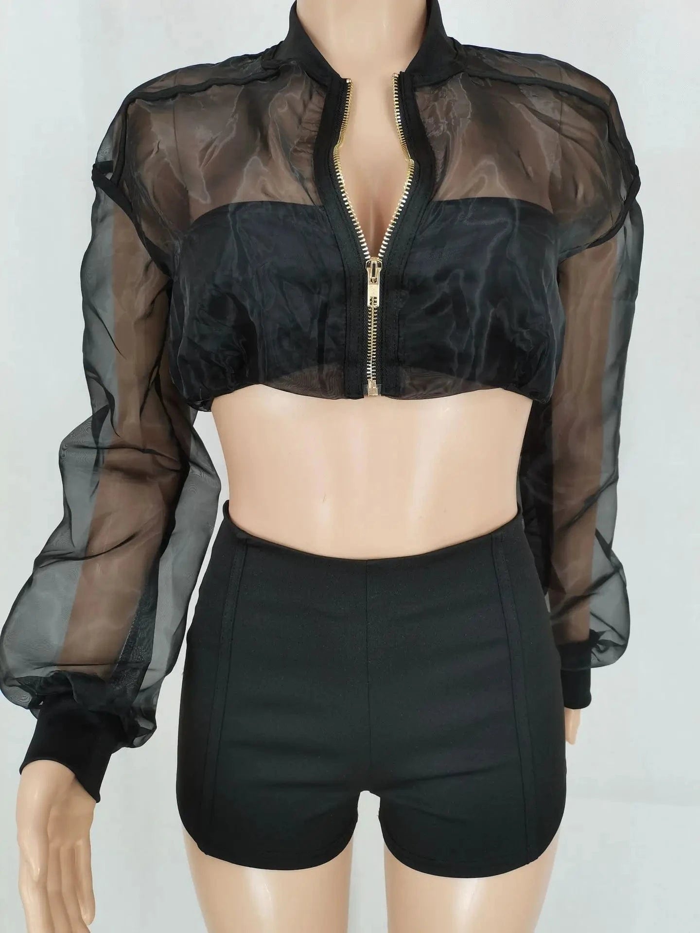 See Through Mesh Top Shorts Tracksuit Set 2 Piece Crop Top and Shorts Women Sets Long Sleeve Shorts Set Street for Girls