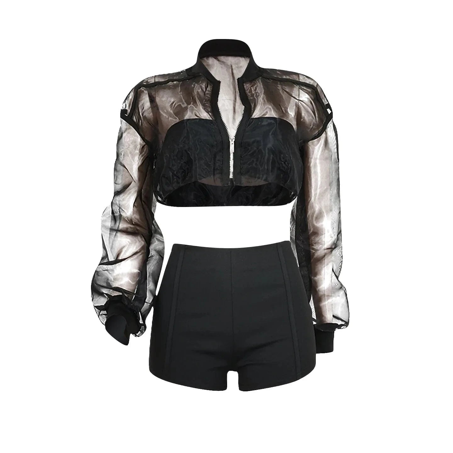 See Through Mesh Top Shorts Tracksuit Set 2 Piece Crop Top and Shorts Women Sets Long Sleeve Shorts Set Street for Girls