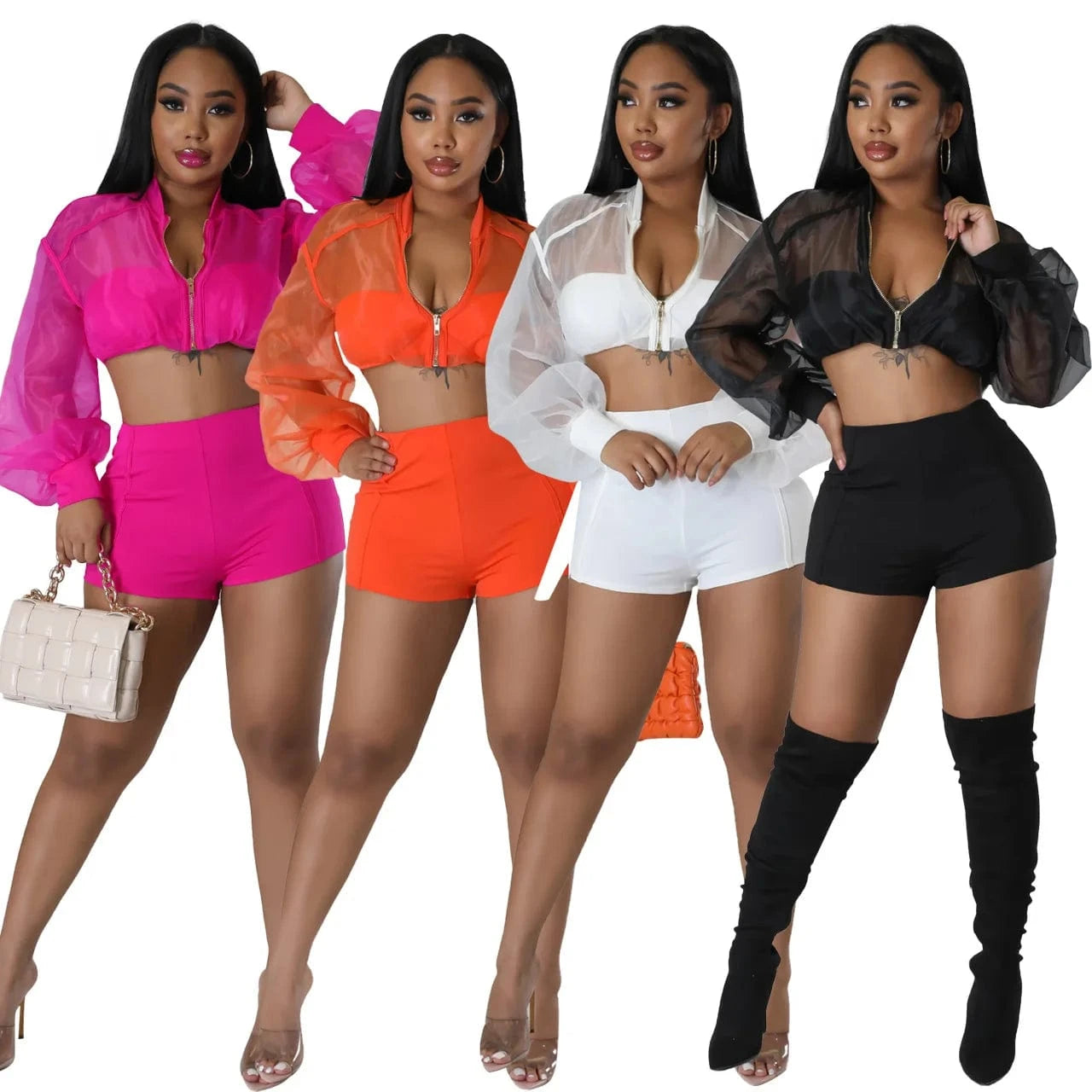 See Through Mesh Top Shorts Tracksuit Set 2 Piece Crop Top and Shorts Women Sets Long Sleeve Shorts Set Street for Girls