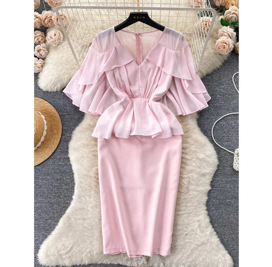 Senior Sense Of Temperament Dress Female Design Sense Ruffled Shawl Waist Slimming Two Buttock Dress