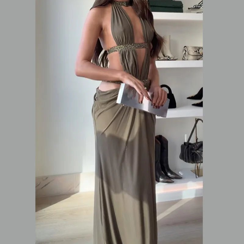 Sequin Halter Backless Maxi Dress - SN Wigs & More