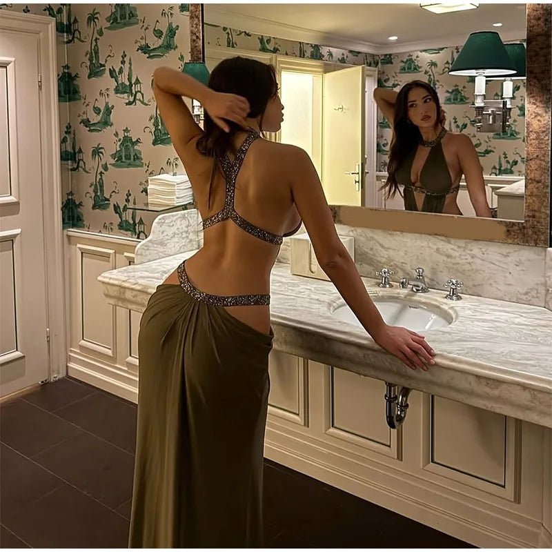 Sequin Halter Backless Maxi Dress - SN Wigs & More