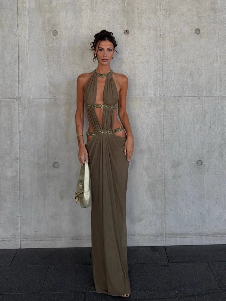 Sequin Halter Backless Maxi Dress - SN Wigs & More