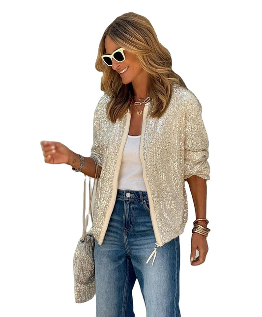 Sequin Nightclub Women Coat 2024 Autumn Long Sleeve Zipper Casual Loose Jacket Female Fashion All-match Party Shining