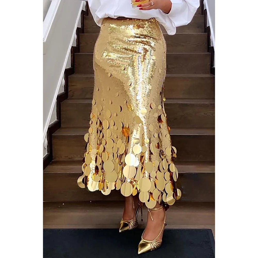 Sequined A Line Skirt + Plus Size High Waist Shine With Sequins + Elegant Evening Cocktail Party Wear - SN Wigs & More