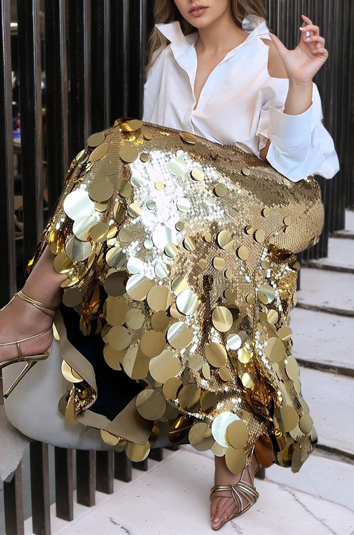 Sequined A Line Skirt + Plus Size High Waist Shine With Sequins + Elegant Evening Cocktail Party Wear - SN Wigs & More