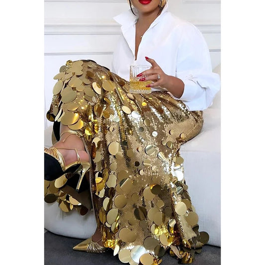 Sequined A Line Skirt + Plus Size High Waist Shine With Sequins + Elegant Evening Cocktail Party Wear - SN Wigs & More