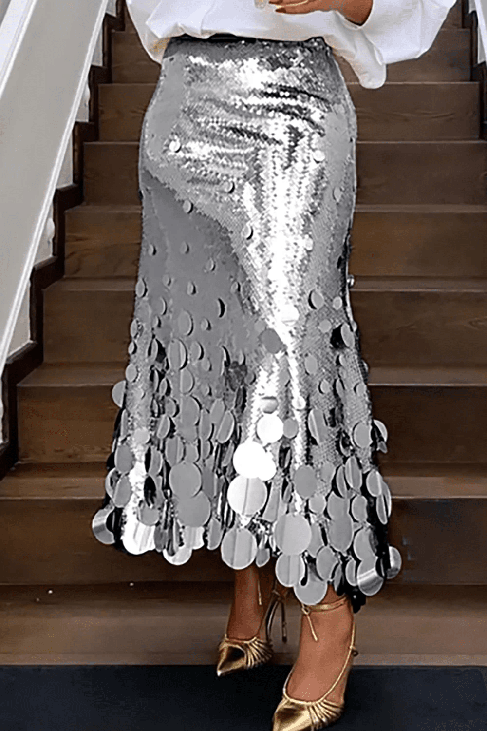 Sequined A Line Skirt + Plus Size High Waist Shine With Sequins + Elegant Evening Cocktail Party Wear - SN Wigs & More