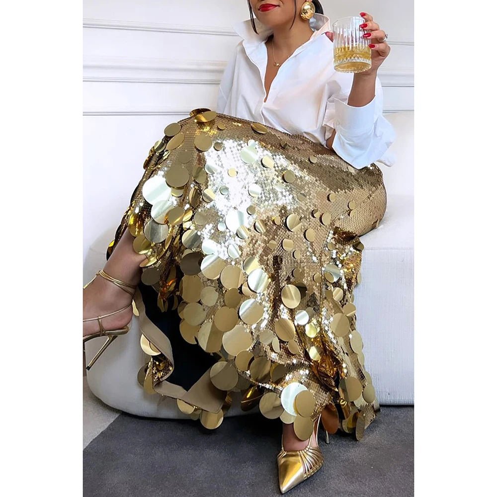 Sequined A Line Skirt + Plus Size High Waist Shine With Sequins + Elegant Evening Cocktail Party Wear - SN Wigs & More