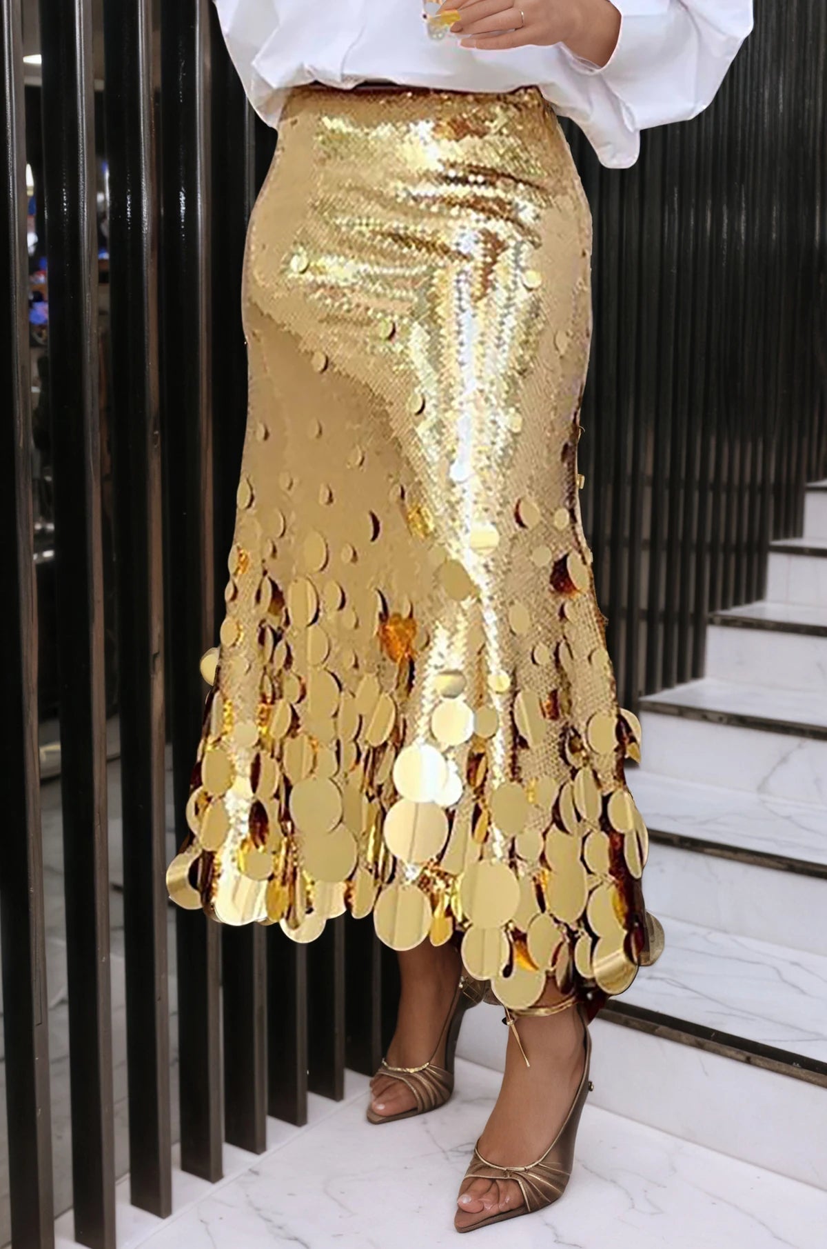 Sequined A Line Skirt + Plus Size High Waist Shine With Sequins + Elegant Evening Cocktail Party Wear - SN Wigs & More