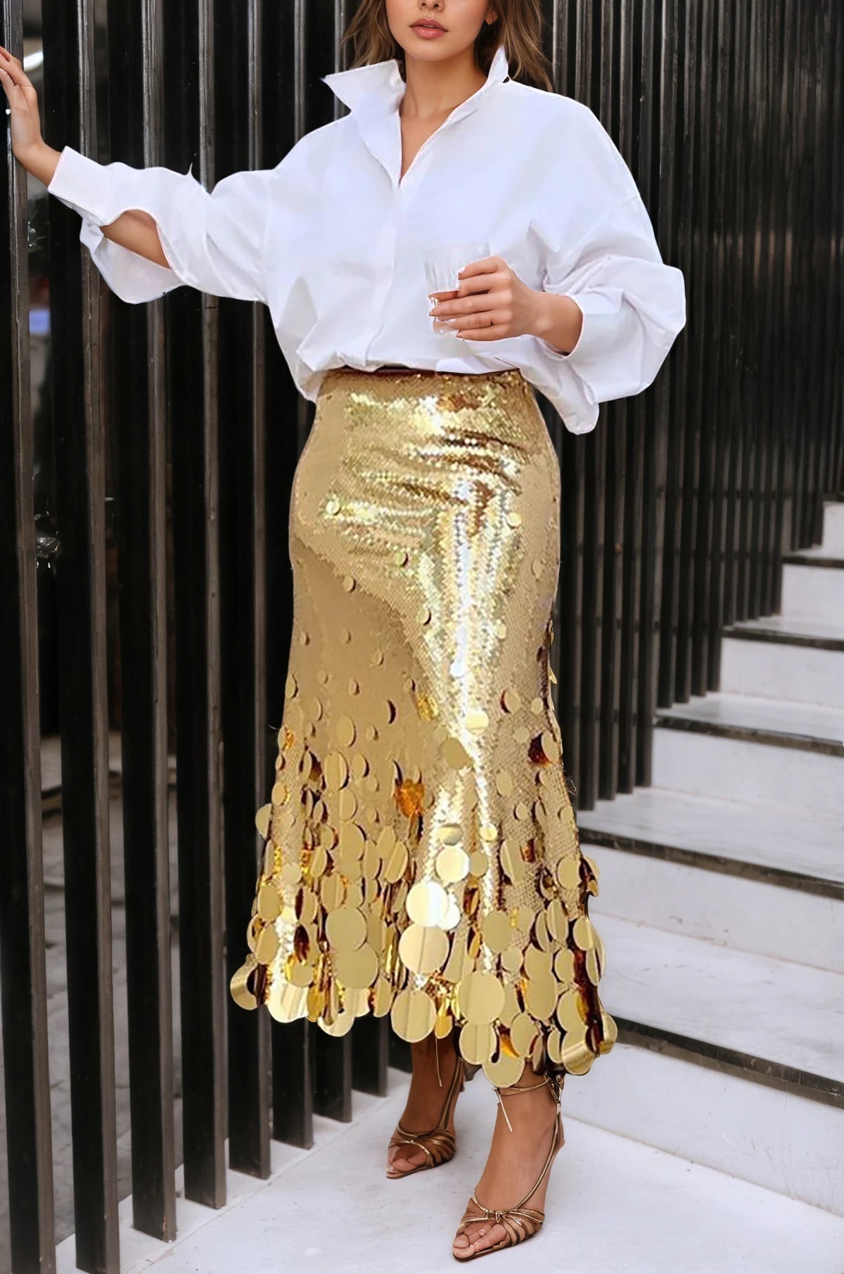 Sequined A Line Skirt + Plus Size High Waist Shine With Sequins + Elegant Evening Cocktail Party Wear - SN Wigs & More