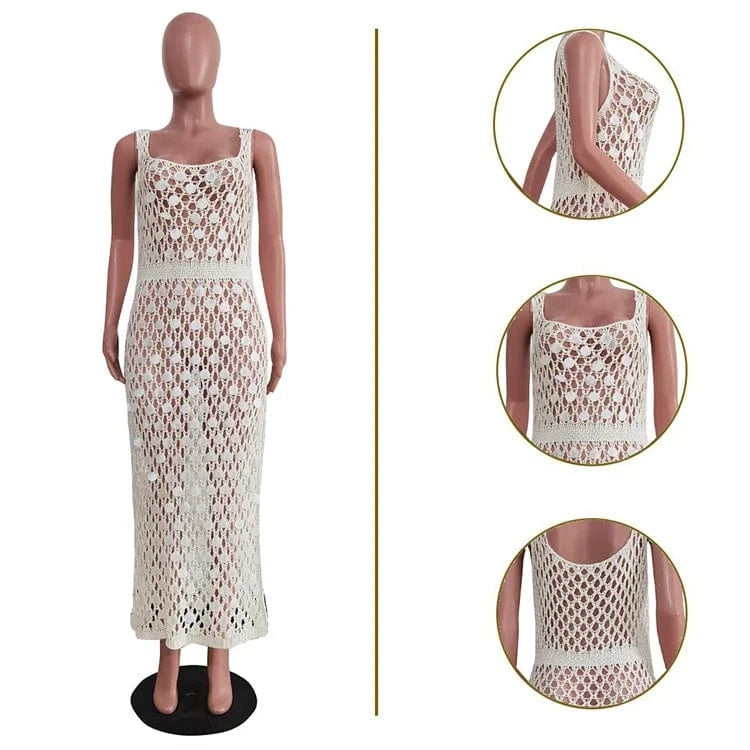 Sequined Patchwork Hand Knitted Tank Long Dress Women Sexy Hollow Out Sleeveless Side High Split Summer Beach Robe Cover Up