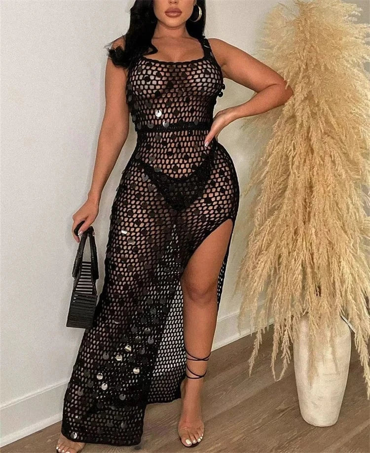 Sequined Patchwork Hand Knitted Tank Long Dress Women Sexy Hollow Out Sleeveless Side High Split Summer Beach Robe Cover Up