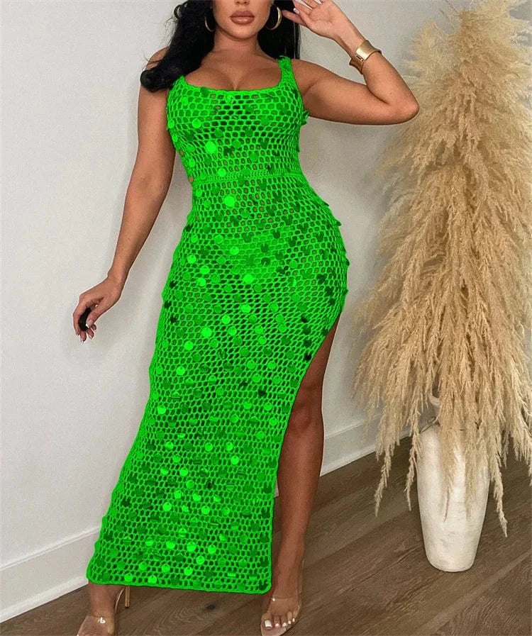 Sequined Patchwork Hand Knitted Tank Long Dress Women Sexy Hollow Out Sleeveless Side High Split Summer Beach Robe Cover Up