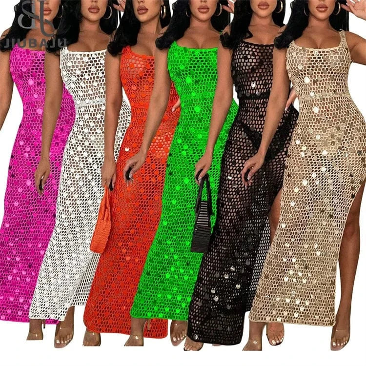 Sequined Patchwork Hand Knitted Tank Long Dress Women Sexy Hollow Out Sleeveless Side High Split Summer Beach Robe Cover Up