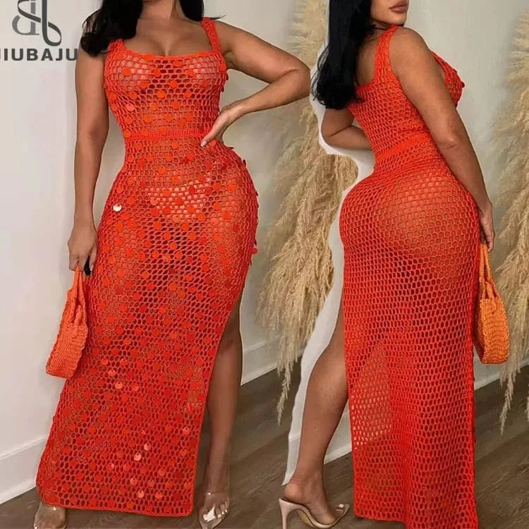 Sequined Patchwork Hand Knitted Tank Long Dress Women Sexy Hollow Out Sleeveless Side High Split Summer Beach Robe Cover Up