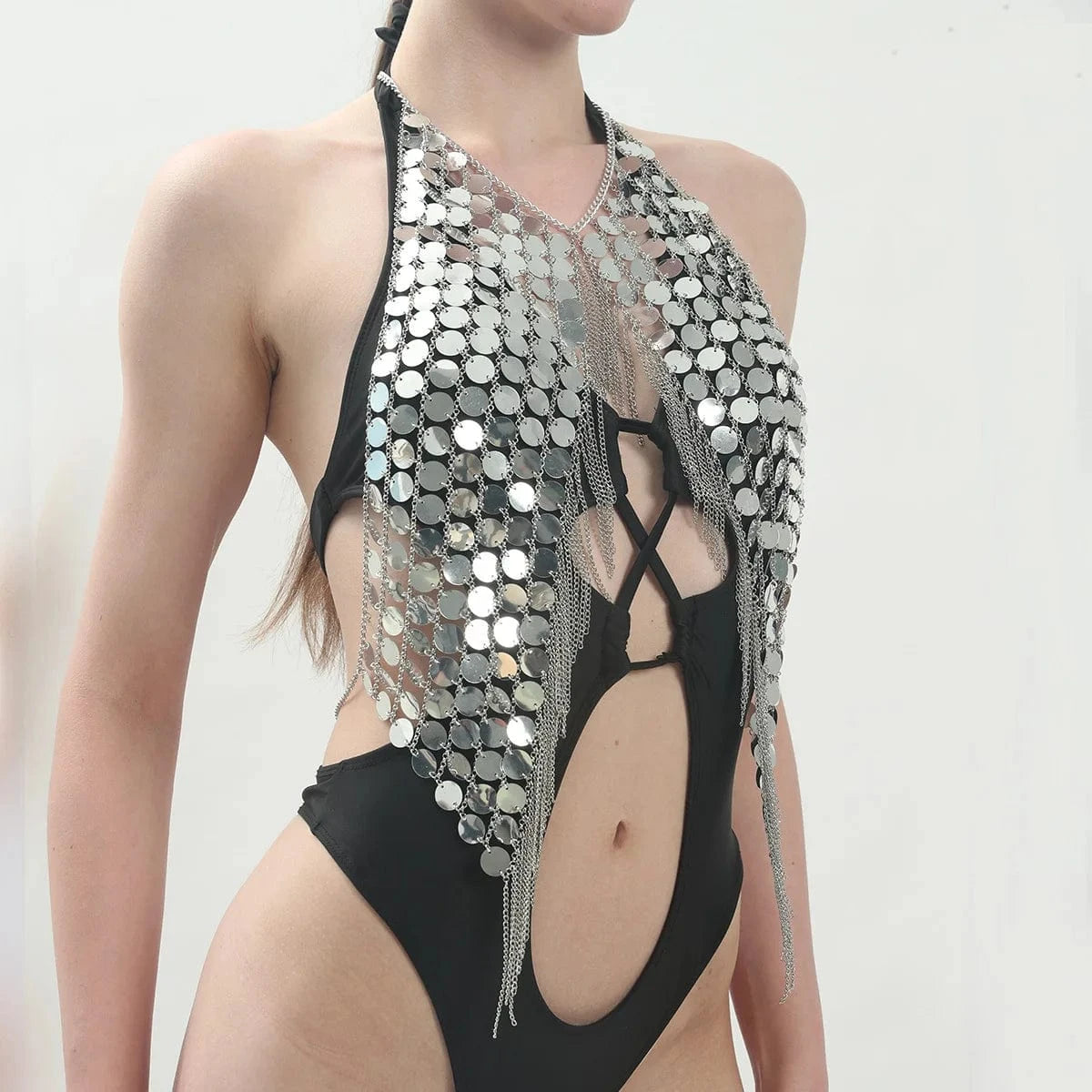 Sequined Tassel Bra Chain / White Gold 2024 Handmade Women's Body Chain Jewelry Bikini Tassel Sexy Backless Halter Club Gold Plated Round Sequin Bra Chain