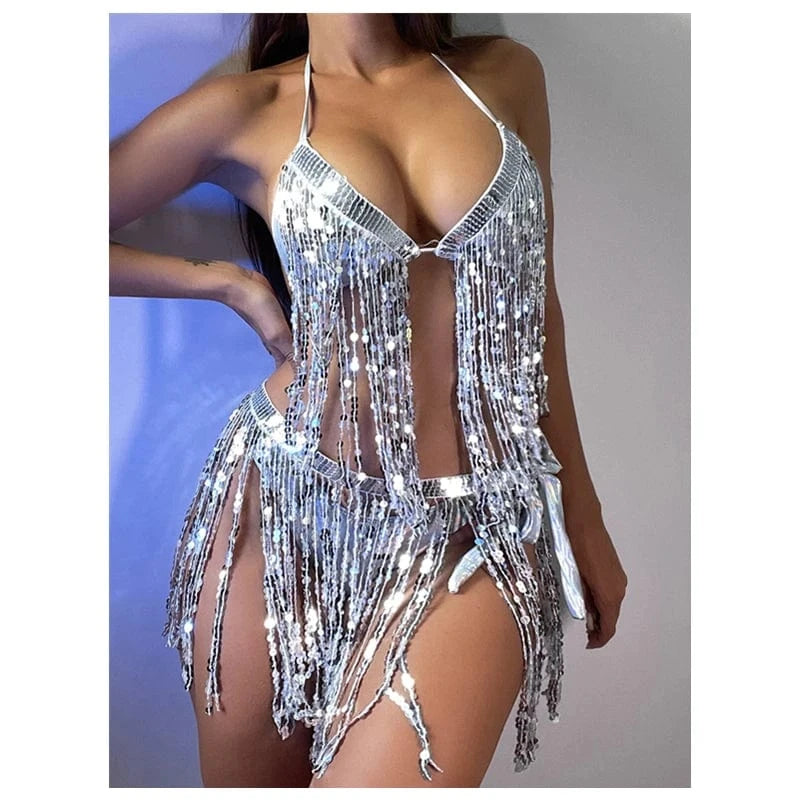 Sequins Bikini Set with Tassel Skirt 2024 New Push Up Swimsuit Backless Three Piece Swimwear Women Halter Bathing Suit Beachwear