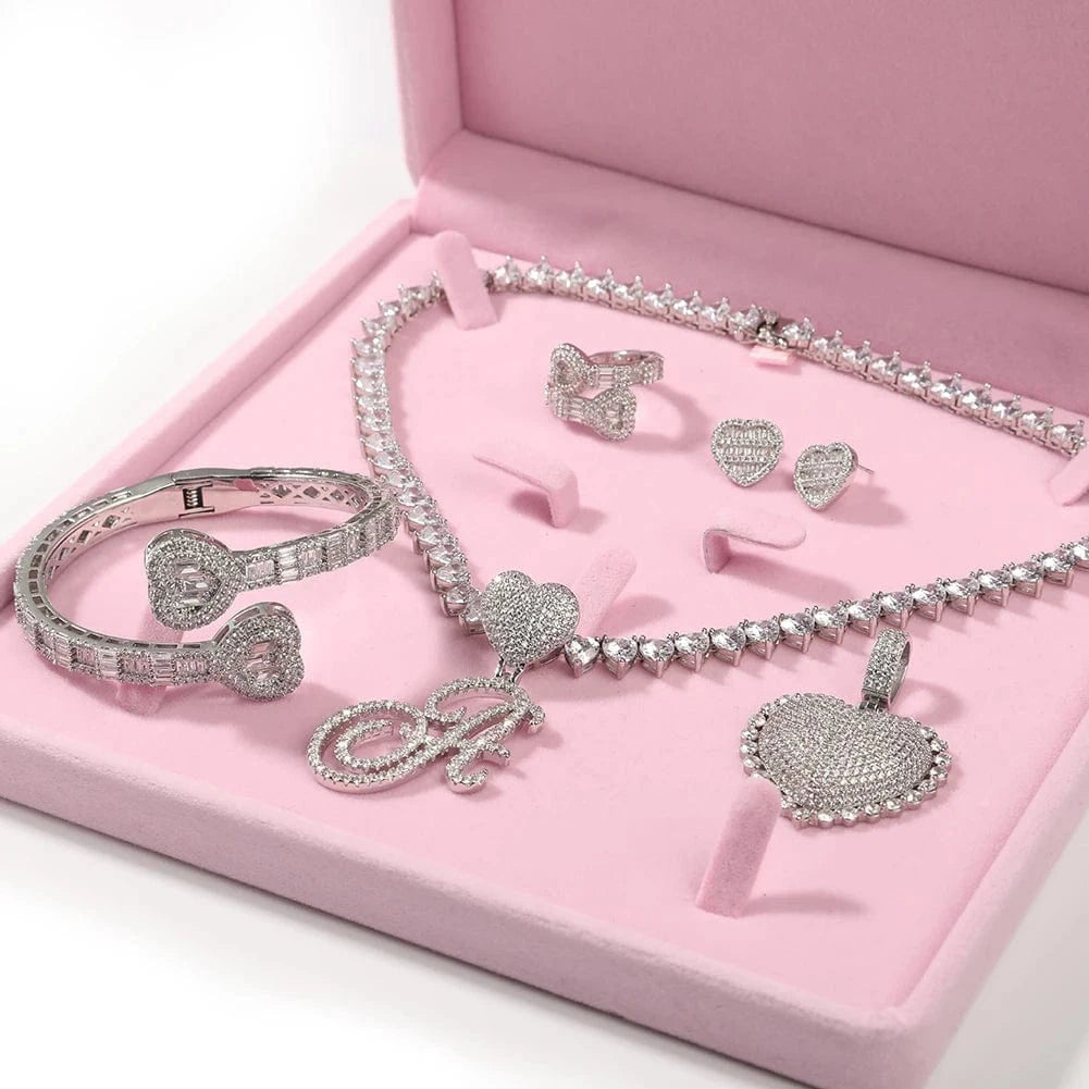 Set-16" chain+pendants+bangle+earring+ring / silver UWIN Fashion Jewelry Set CZ Love Ring Bracelet Heart Shaped Letter Pendant Necklace Gifts Hip Hop Jewelries For Women
