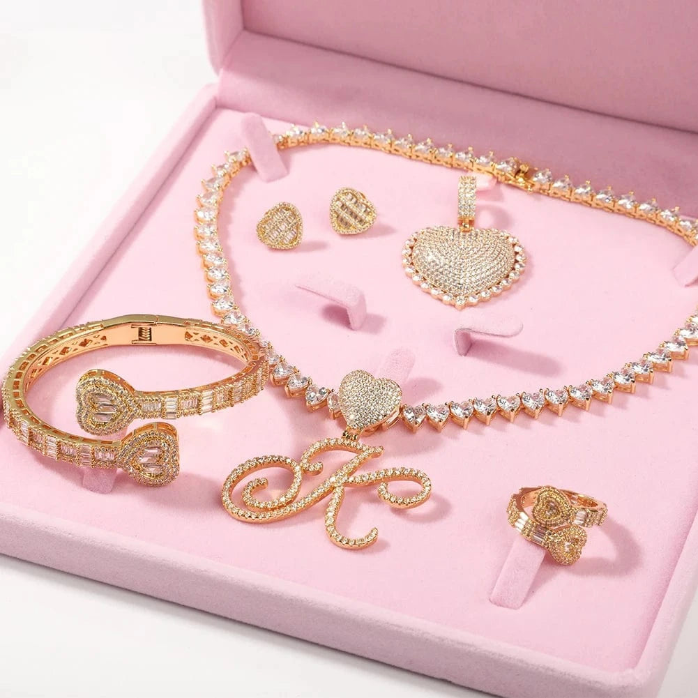 Set-18" chain+pendants+bangle+earring+ring / Gold UWIN Fashion Jewelry Set CZ Love Ring Bracelet Heart Shaped Letter Pendant Necklace Gifts Hip Hop Jewelries For Women
