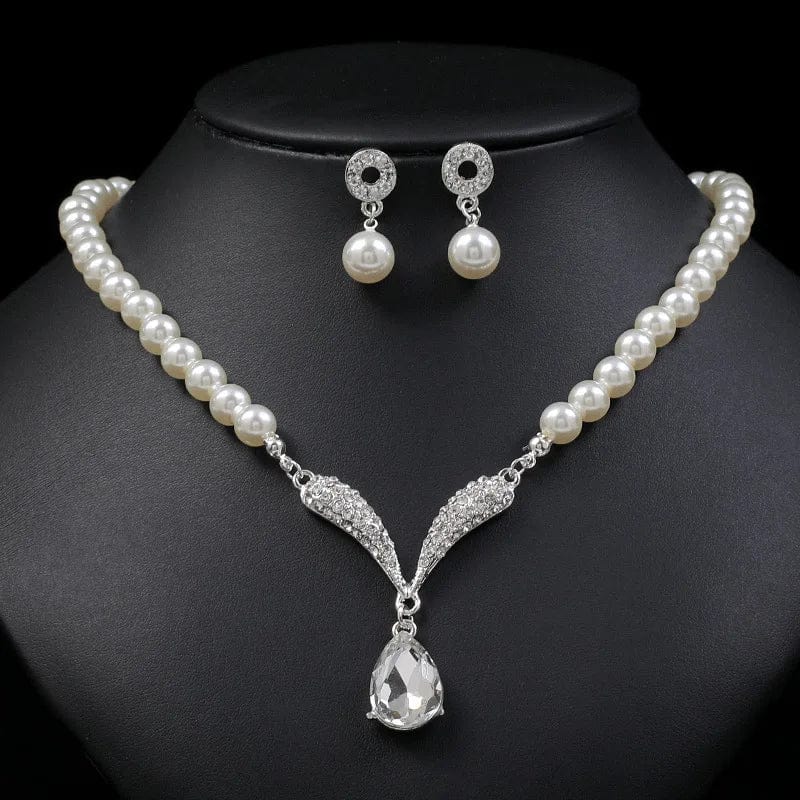 Set / C1 Elegant Simulated-Pearl Bridal Jewelry Sets Rhinestone Pearl Drop NECKLACE+EARRINGS Wedding Jewelry Sets for Women Gifts