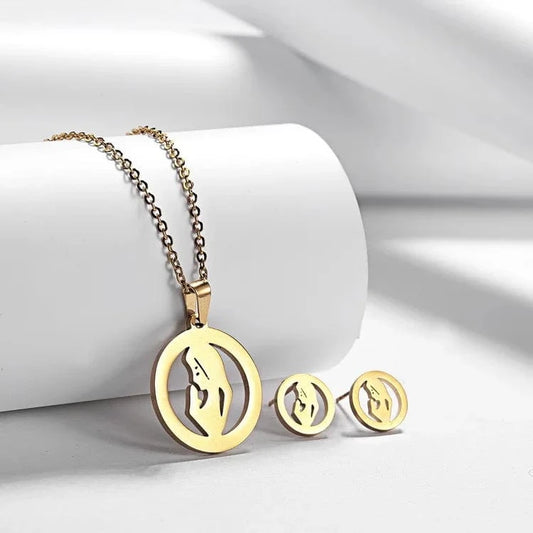 Set / C1 Stainless Steel Gold Color I Love MAMA Necklace Earrings Set Love Heart Mom Daughter Son Figure Jewelry Set Mother's Day Gift