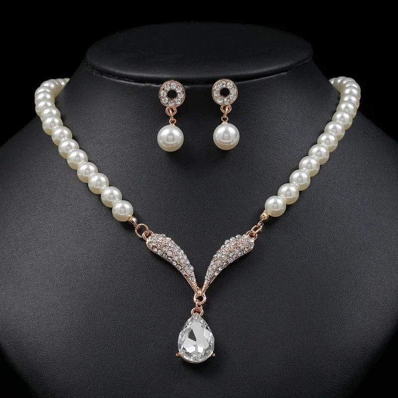 Set / C2 Elegant Simulated-Pearl Bridal Jewelry Sets Rhinestone Pearl Drop NECKLACE+EARRINGS Wedding Jewelry Sets for Women Gifts