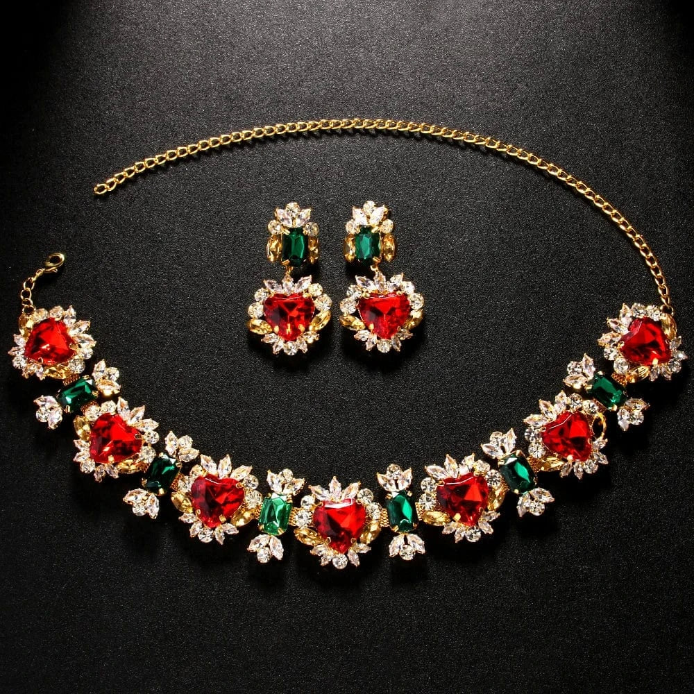 Set / Gold Exaggerated Red Heart Green Geometric Rhinestone Jewelry Sets For Women Wedding Bridal Crystal Necklace And Earrings Wholesale