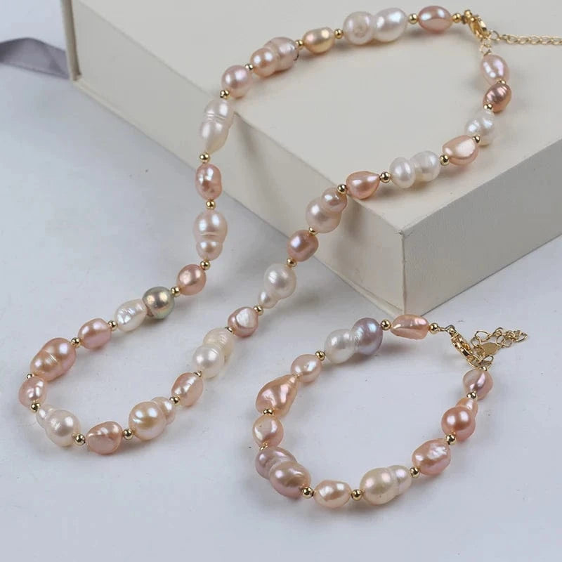set Handmade 18k gold plated irregular shape freshwater pearl beads women jewelry set