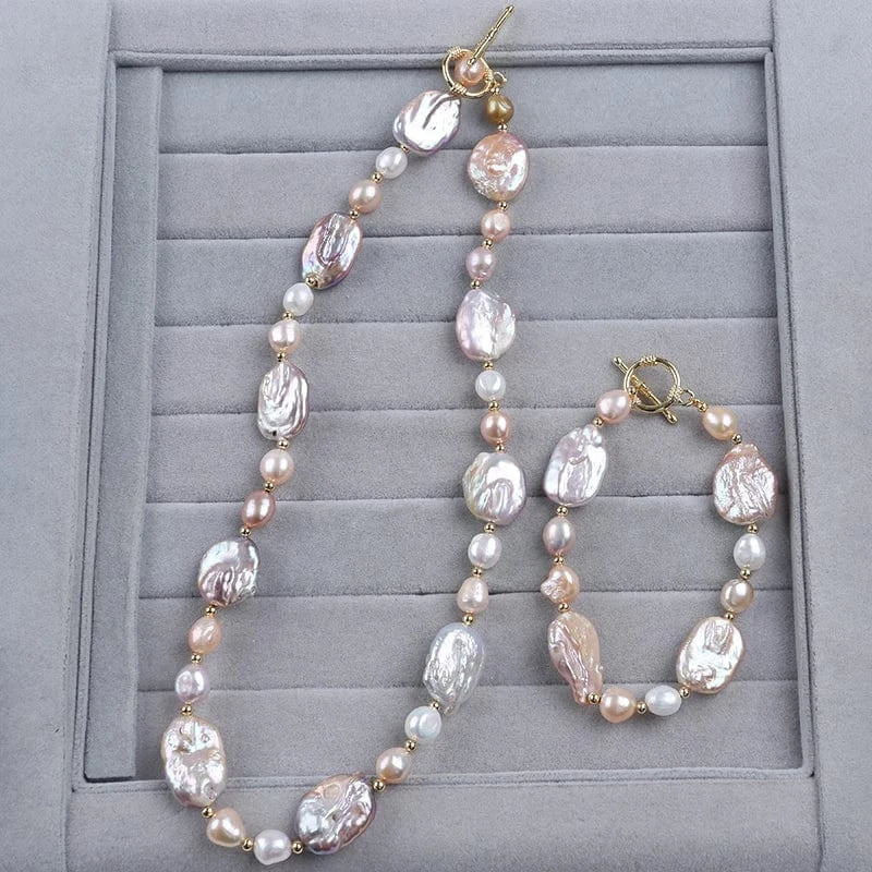 set Handmade 18k gold plated square shape freshwater pearl beads women jewelry set
