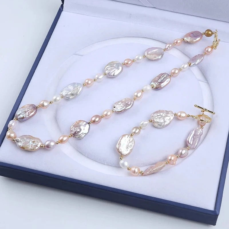 set Handmade 18k gold plated square shape freshwater pearl beads women jewelry set
