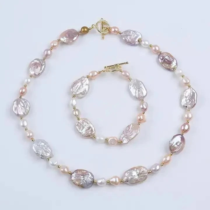 set Handmade 18k gold plated square shape freshwater pearl beads women jewelry set