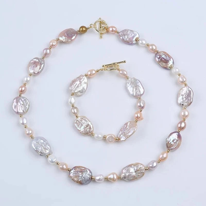 set Handmade 18k gold plated square shape freshwater pearl beads women jewelry set