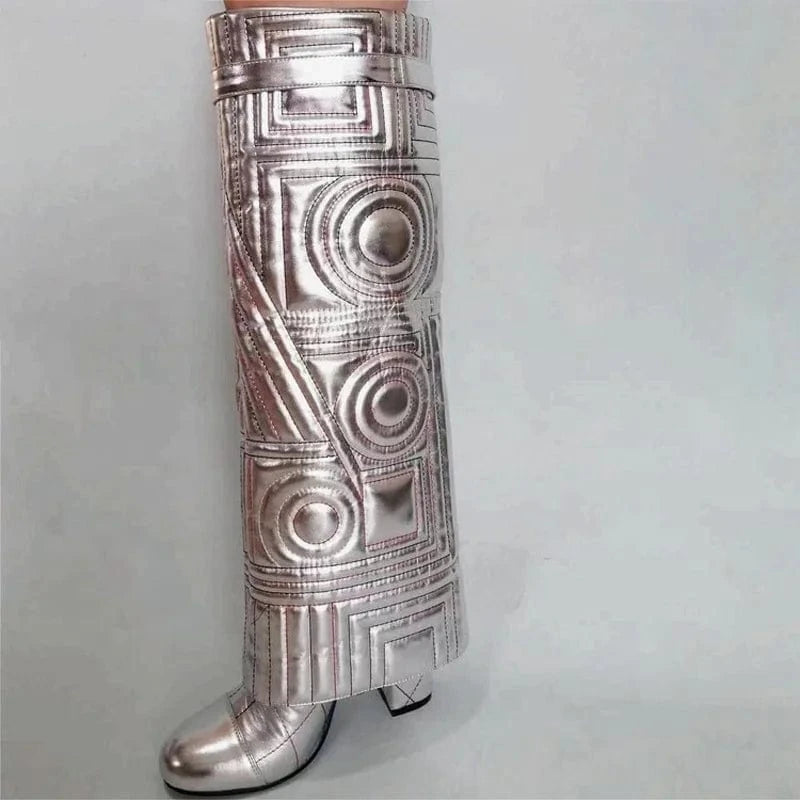 Sewing Embroidery Overlay Long Booties Women Slip On Knee High Boots Round Toe Pants Shoes Chunky Heels Unique Design