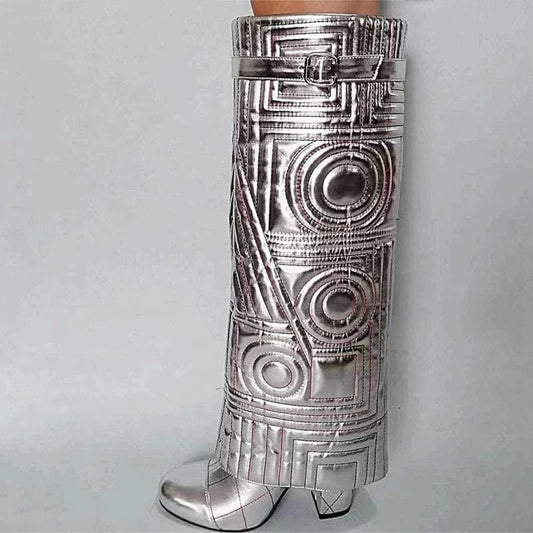 Sewing Embroidery Overlay Long Booties Women Slip On Knee High Boots Round Toe Pants Shoes Chunky Heels Unique Design