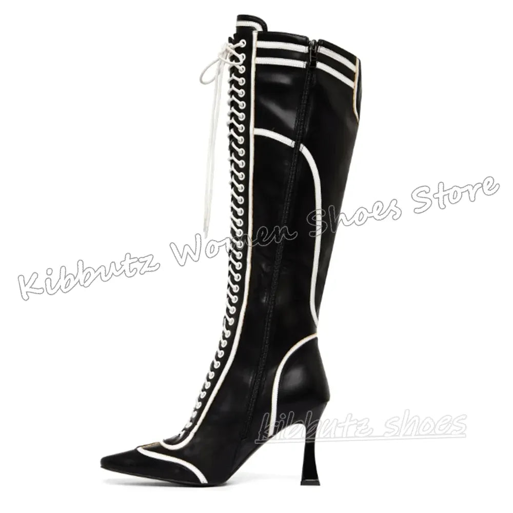 Sewing Knee High Boots Leather Lace-Up Patchwork Square Toe Kitten Heels Fashion Luxury Elegant Concise Sexy Women Shoes Newest